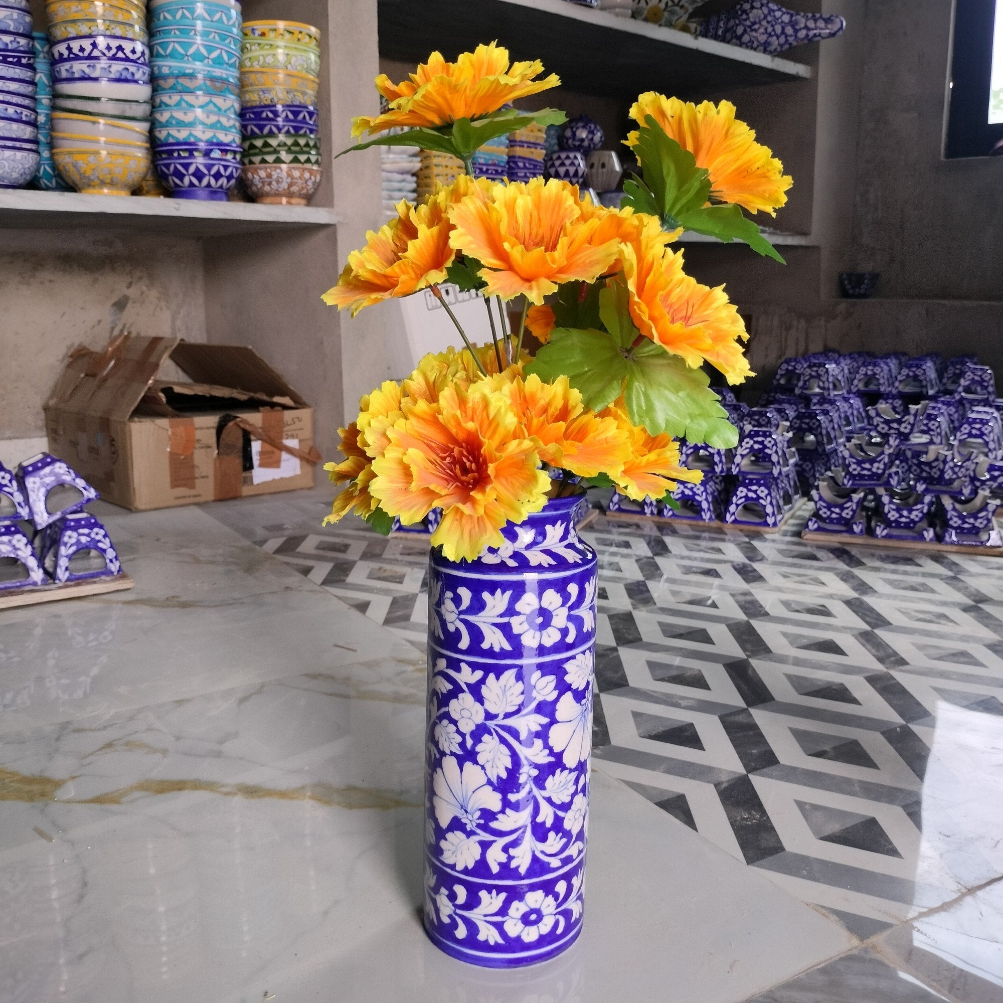 Blue Pottery Cylinder Shape Vase